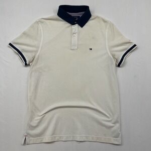 Tommy Hilfiger Men Custom Fit S P White Navy Trim Short Sleeve Polo Shirt